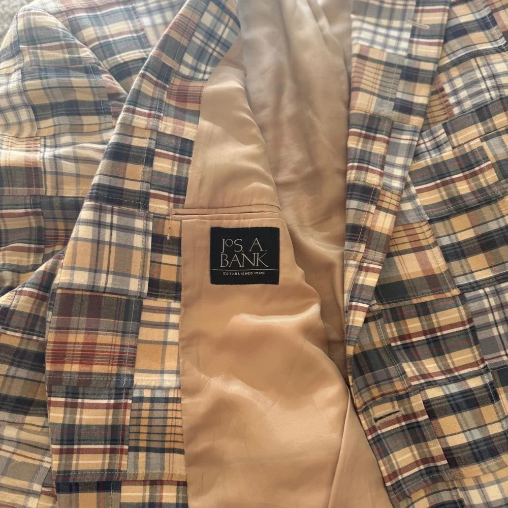 Jos A Bank Sport Coat Mens 46L Multicolor Patchwork Plaid Cotton Blazer